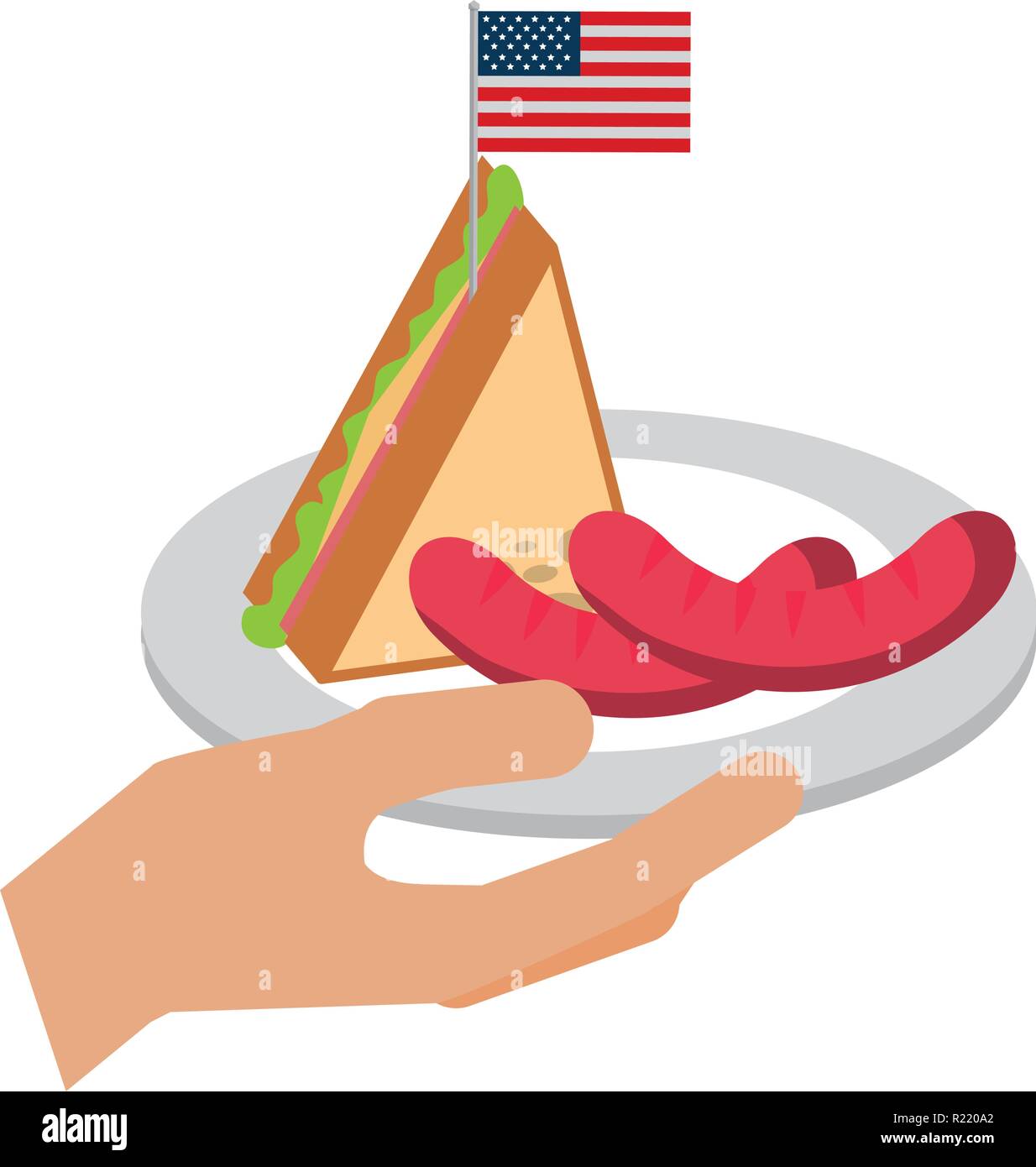hand holding sausage and sandwich american flag vector illustration
