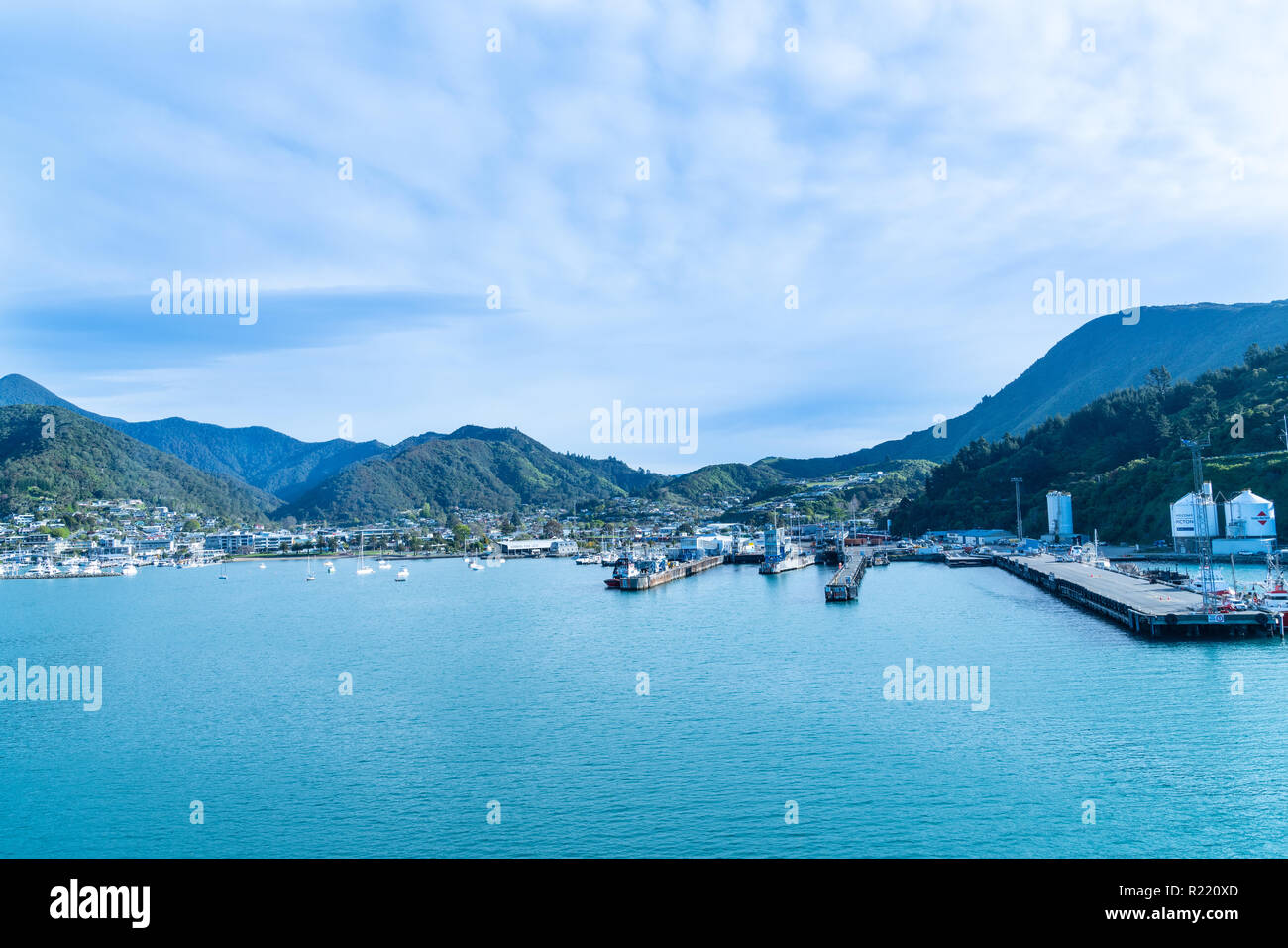 PICTON NEW ZEALAND - OCTOBER 2 2018; Arriving at tourist township Picton in Queen Charlote Sound in Marlborough Sounds of South Island New Zealand. Stock Photo