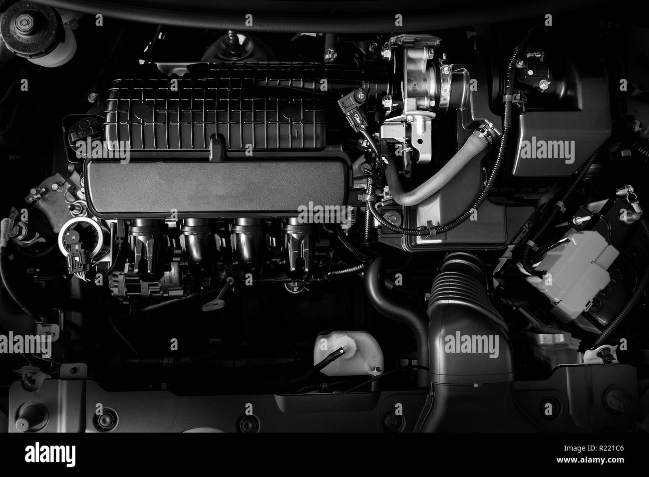 Car engine motor concept Close up detail of new Car engine part Black