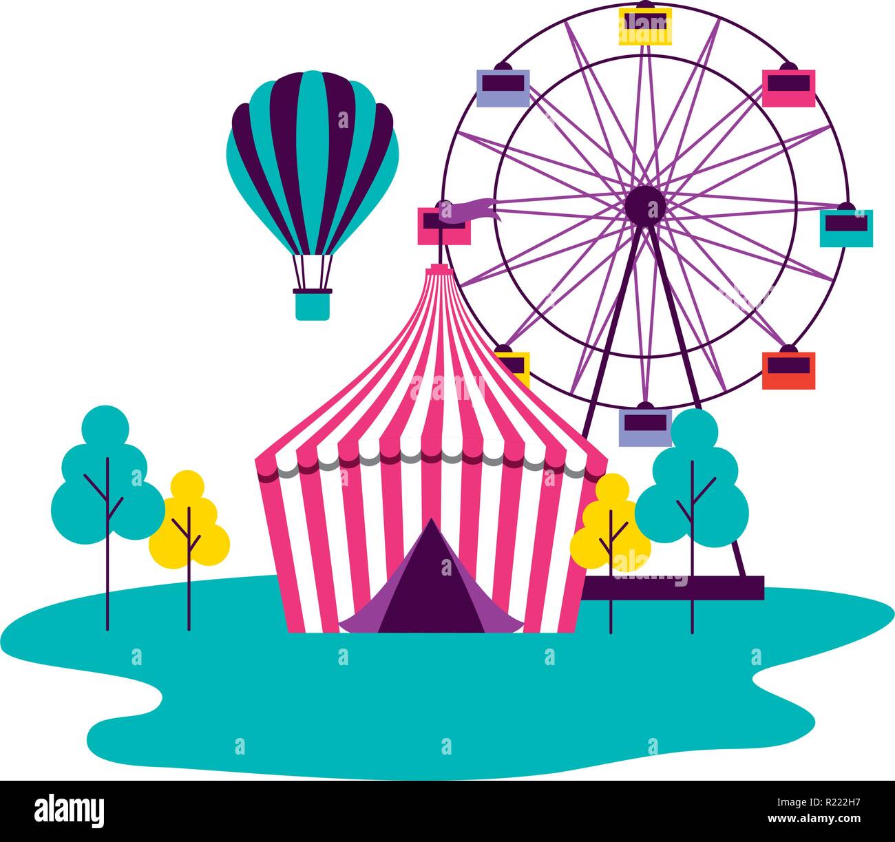 A tent, ferris wheel and hot air balloon, circus illustration Stock ...