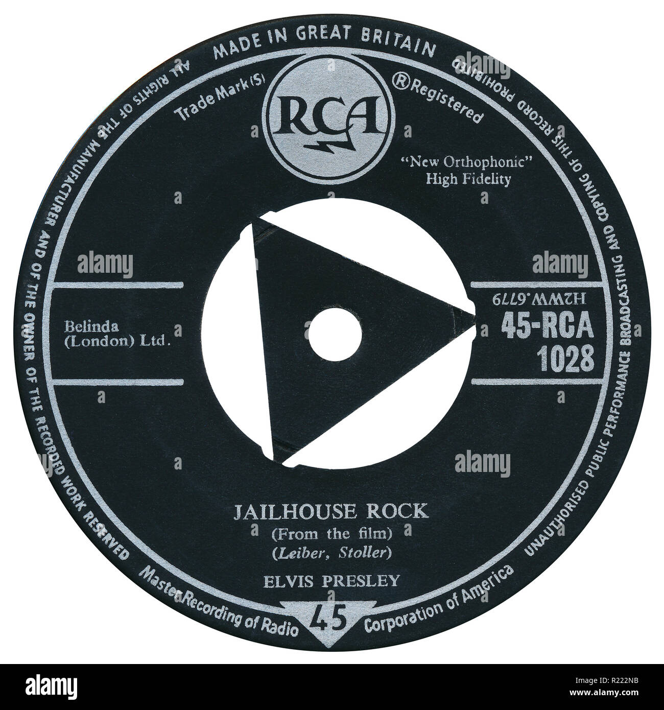 UK 45 rpm 7' single of Jailhouse Rock by Elvis Presley on the RCA label from 1958. Written and produced by Jerry Leiber and Mike Stoller. Stock Photo