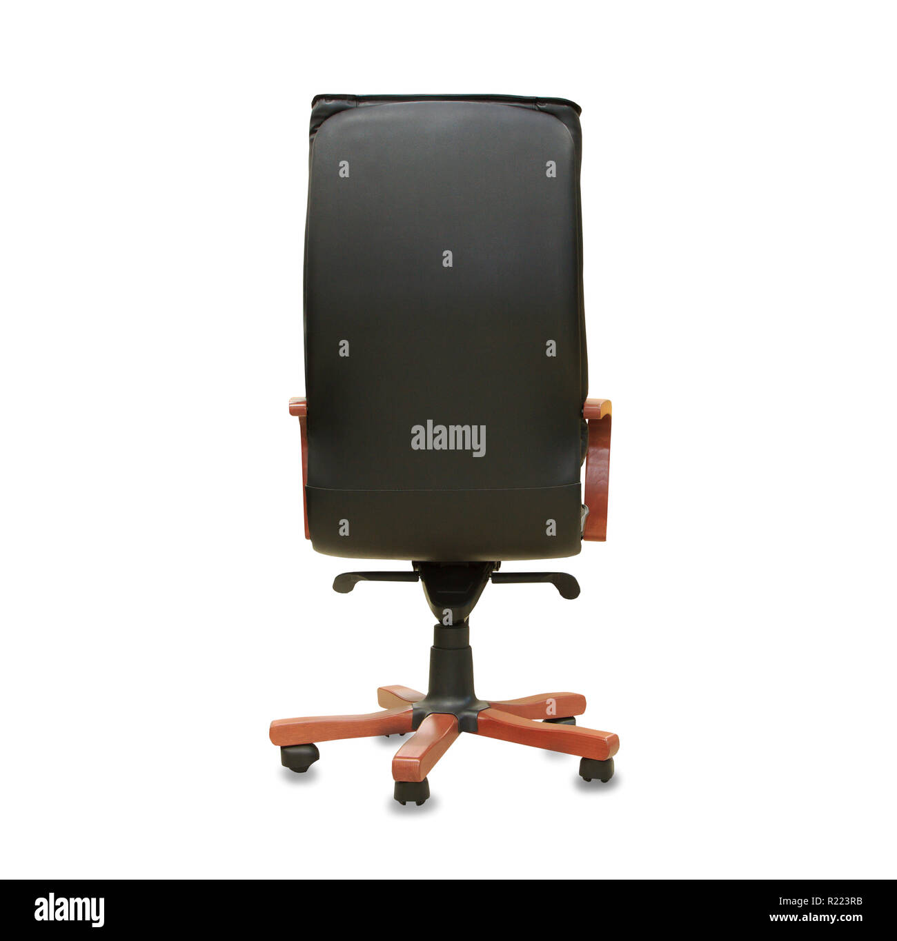 back view of modern office chair from black leather. Isolated Stock