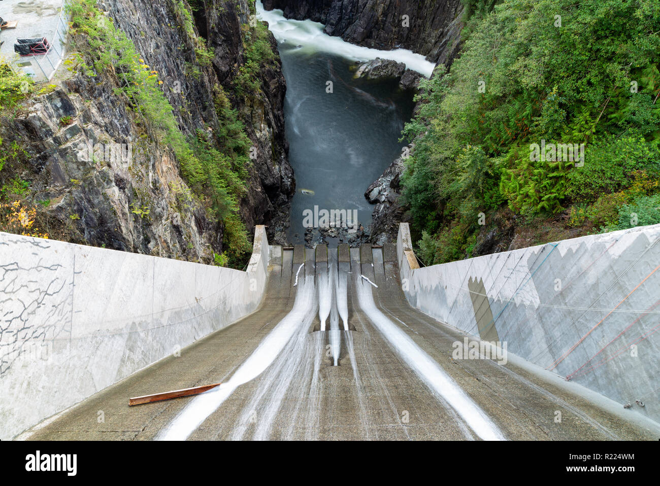 Looking down Cleveland Dam and the Capilano River in North Vancouver, Canada. Stock Photo