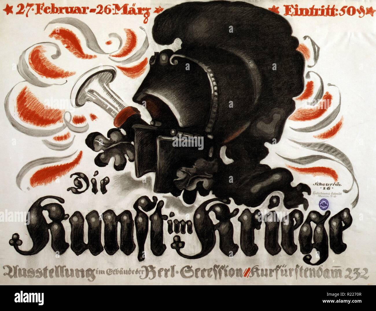 Die Kunst im Krieg / Scheurich, '16. by paul Scheurich, Paul, 1883-1945, artist. 1916 Poster shows a large Roman helmet. Text announces an exhibition 'Art in War' in Berlin. Stock Photo