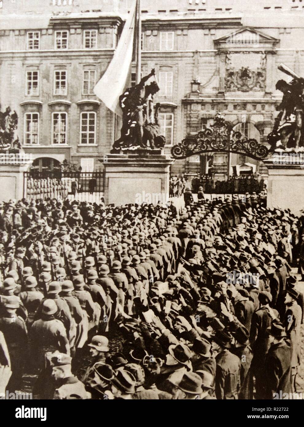 On 16 March 1939, the German Wehrmacht moved into of Czechoslovakia and, from Prague Castle, Hitler proclaimed Bohemia and Moravia the Protectorate of Bohemia and Moravia Stock Photo
