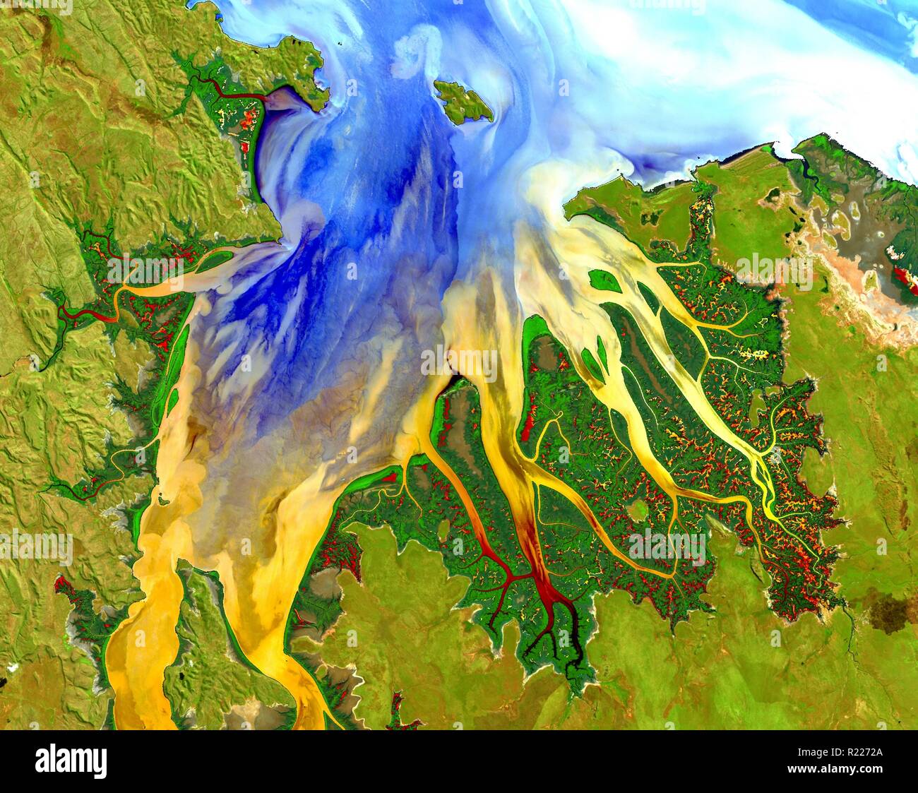 Landsat 8 scene acquired May 12, 2013 in Western Australia. The resulting image displays impressive sediment and nutrient patterns in the tropical estuary Stock Photo