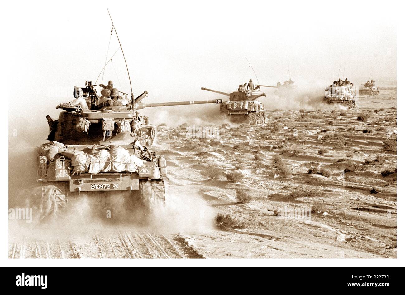 Israeli tanks speeding toward Egyptian military positions in the Sinai Peninsula during the Six Day War 1967 June 4 Stock Photo