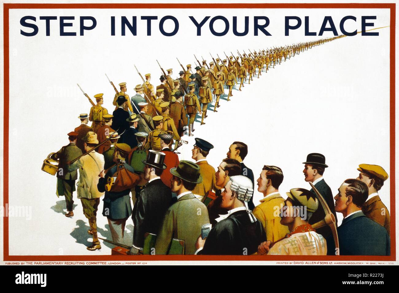 'Step Into Your Place', 1915. Recruiting poster, unknown artist, World War One, 1915. A column of civilians from different professions and trades merge into a line of soldiers going to war Stock Photo