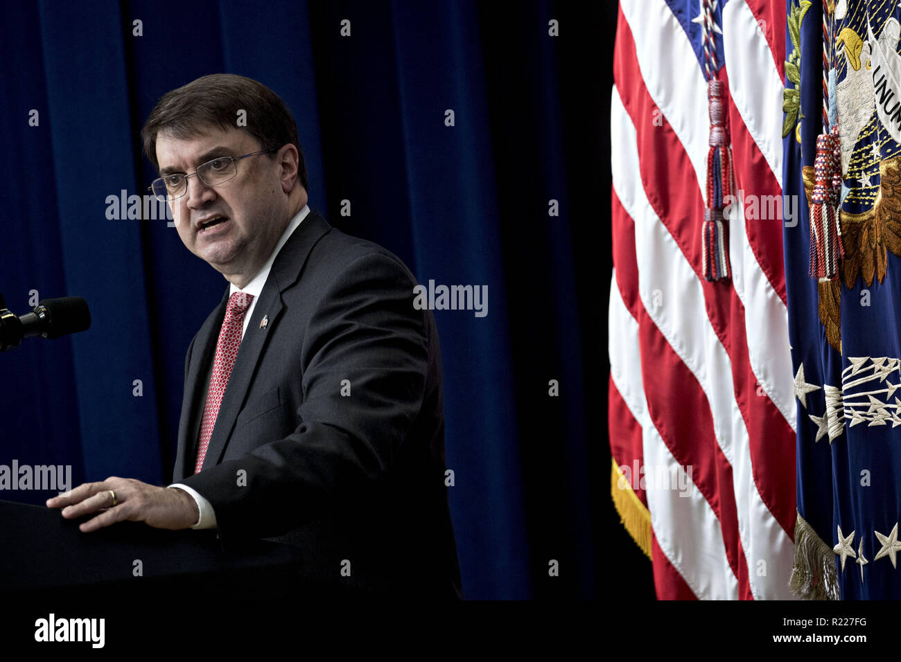 November 15, 2018 - Washington, District of Columbia, U.S. - United States Secretary of Veterans Affairs (VA) Robert Wilkie speaks during an event supporting veterans and military families in the Eisenhower Executive Office Building in Washington, DC, U.S., on Thursday, Nov. 15, 2018. US President Donald J. Trump today accused Robert Mueller of ''threatening'' witnesses to cooperate in the probe into Russian meddling in the U.S. presidential election, one day after the Senate's Republican leader blocked a bid to protect the special counsel's work. Credit: Andrew Harrer/Pool via CNP (Credi Stock Photo