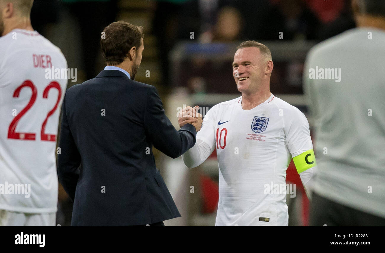 London, UK. 15th November, 2018. Wayne Rooney (D.C. United) of England with England Manager Gareth Southgate at full time during the International friendly match between England and USA at Wembley Stadium, London, England on 15 November 2018. Photo by Andy Rowland. . (Photograph May Only Be Used For Newspaper And/Or Magazine Editorial Purposes. www.football-dataco.com) Credit: Andrew Rowland/Alamy Live News Stock Photo
