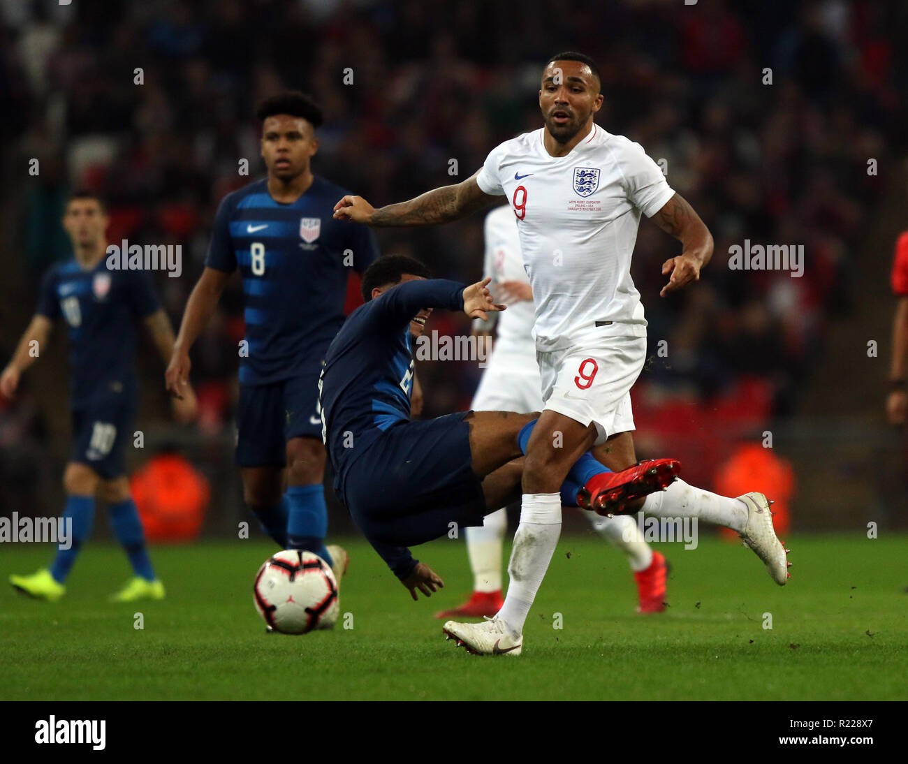 London, UK. 15th November, 2018. DeAndre Yedlin (USA) Callum Wilson (E) at the England v USA game (Wayne Rooney's last England game) at Wembley Stadium, London, November 15, 2018. **This picture is for editorial use ONLY** Credit: Paul Marriott/Alamy Live News Stock Photo