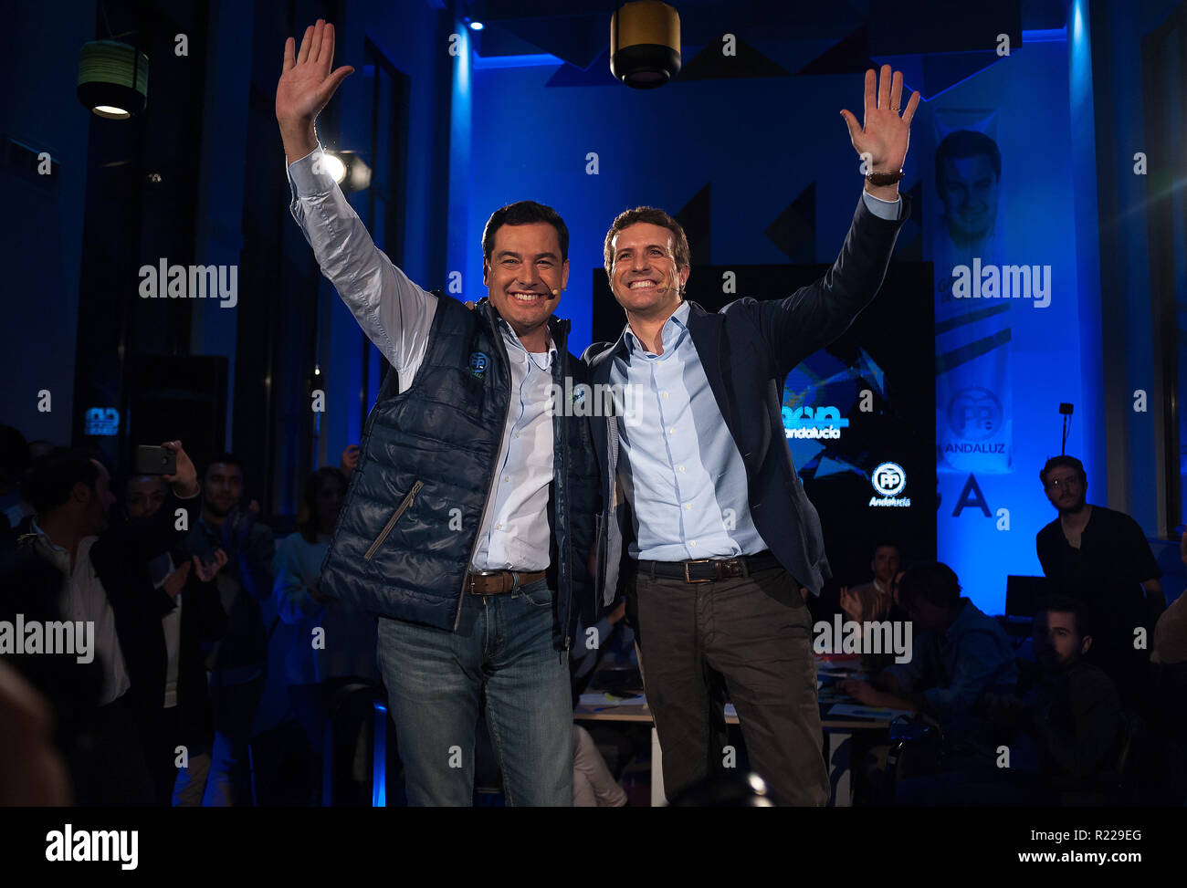 Malaga, MALAGA, Spain. 15th Nov, 2018. Spanish Popular Party leader Pablo Casado (R), and the Andalusia Popular Party leader and candidate for the regional elections to lead the Andalusian government Juanma Moreno (L) seen greeting during the rally.Rally ahead of regional elections in Andalusia. From November 15 to December 2 will be the election campaign in Andalusia. Credit: Jesus Merida/SOPA Images/ZUMA Wire/Alamy Live News Stock Photo