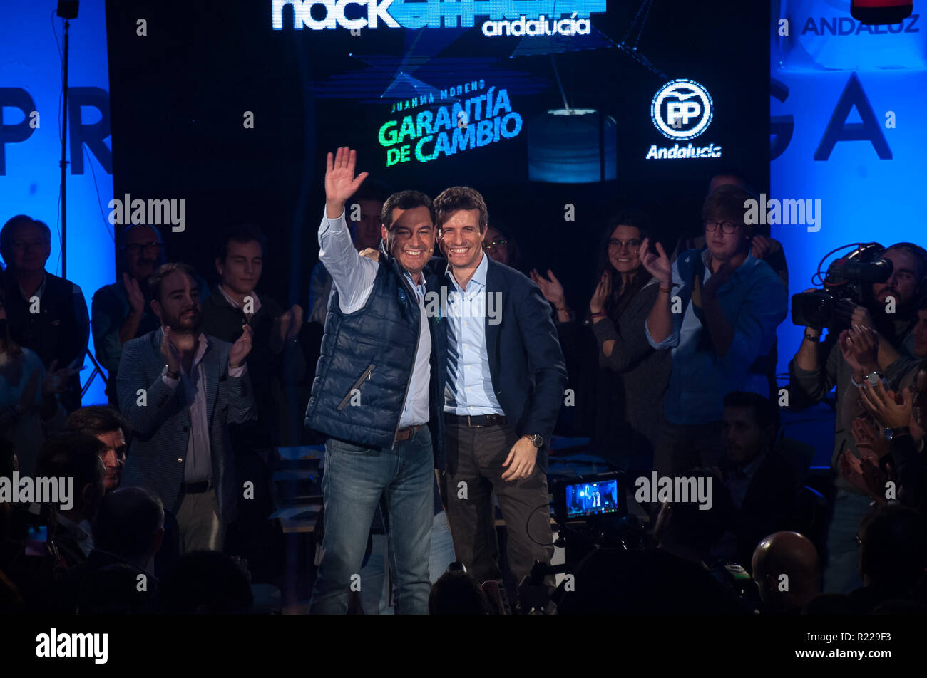 Malaga, MALAGA, Spain. 15th Nov, 2018. Spanish Popular Party leader Pablo Casado (R), and the Andalusia Popular Party leader and candidate for the regional elections to lead the Andalusian government Juanma Moreno (L) seen greeting during the rally.Rally ahead of regional elections in Andalusia. From November 15 to December 2 will be the election campaign in Andalusia. Credit: Jesus Merida/SOPA Images/ZUMA Wire/Alamy Live News Stock Photo