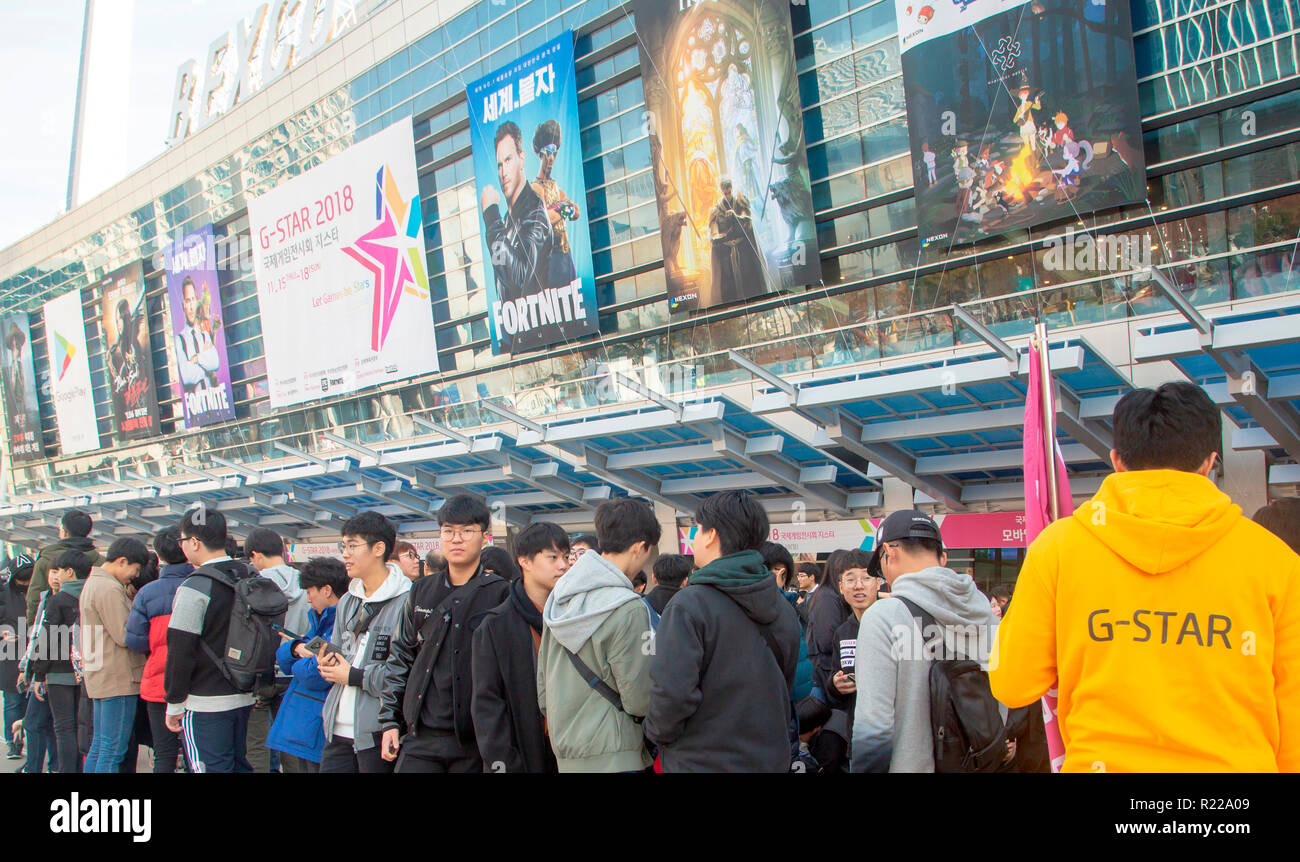 G-Star Global Game Exhibition, Nov 15, 2018 : Game users wait to enter the  opening of the G-Star Global Game Exhibition in Busan, about 420 km (261  miles) southeast of Seoul, South