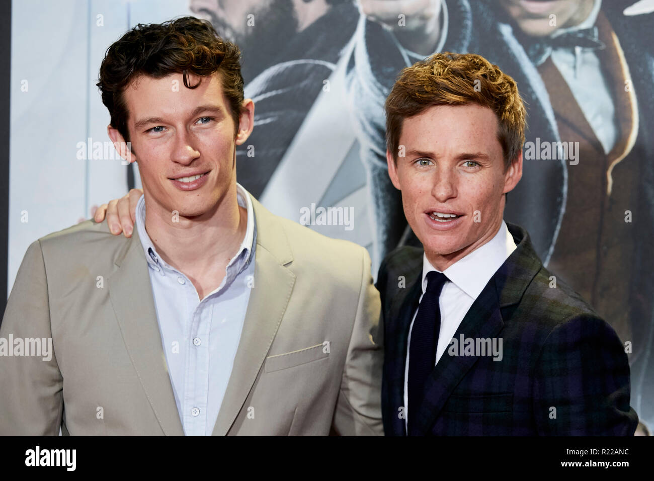 Eddie Redmayne and Callum Turner attends to Fantastic Beasts: The Crimes of Grindelwald film premiere during the Madrid Premiere Week at Kinepolis in Pozuelo de Alarcon. Stock Photo