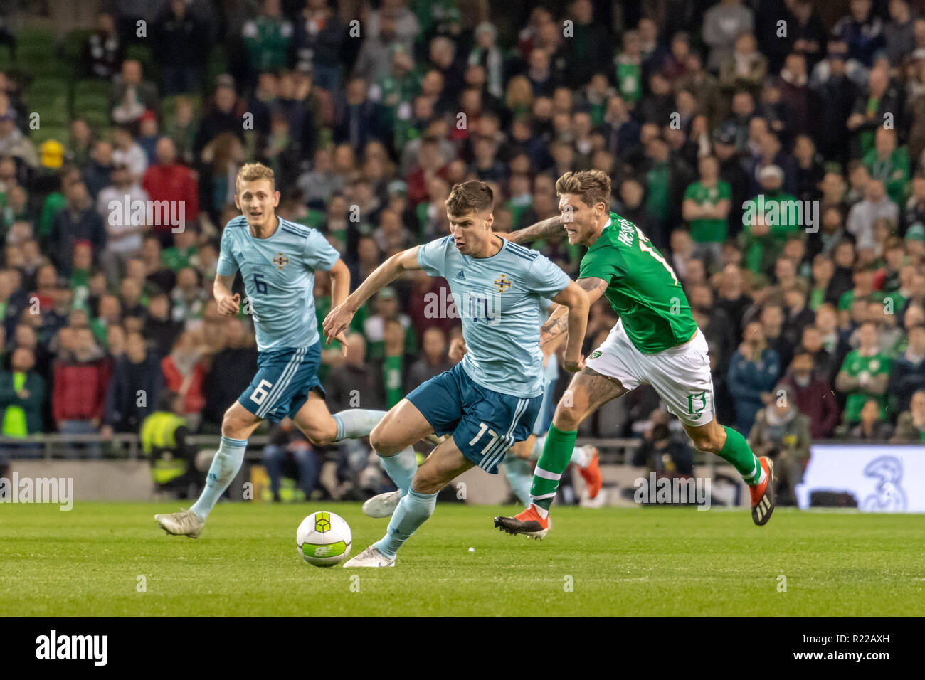 Paddy McNair and Jeff Hendrick in action during the friendly international between Rep of Ireland and Northern Ireland at the Aviva Stadium. (Final score 0-0) Stock Photo