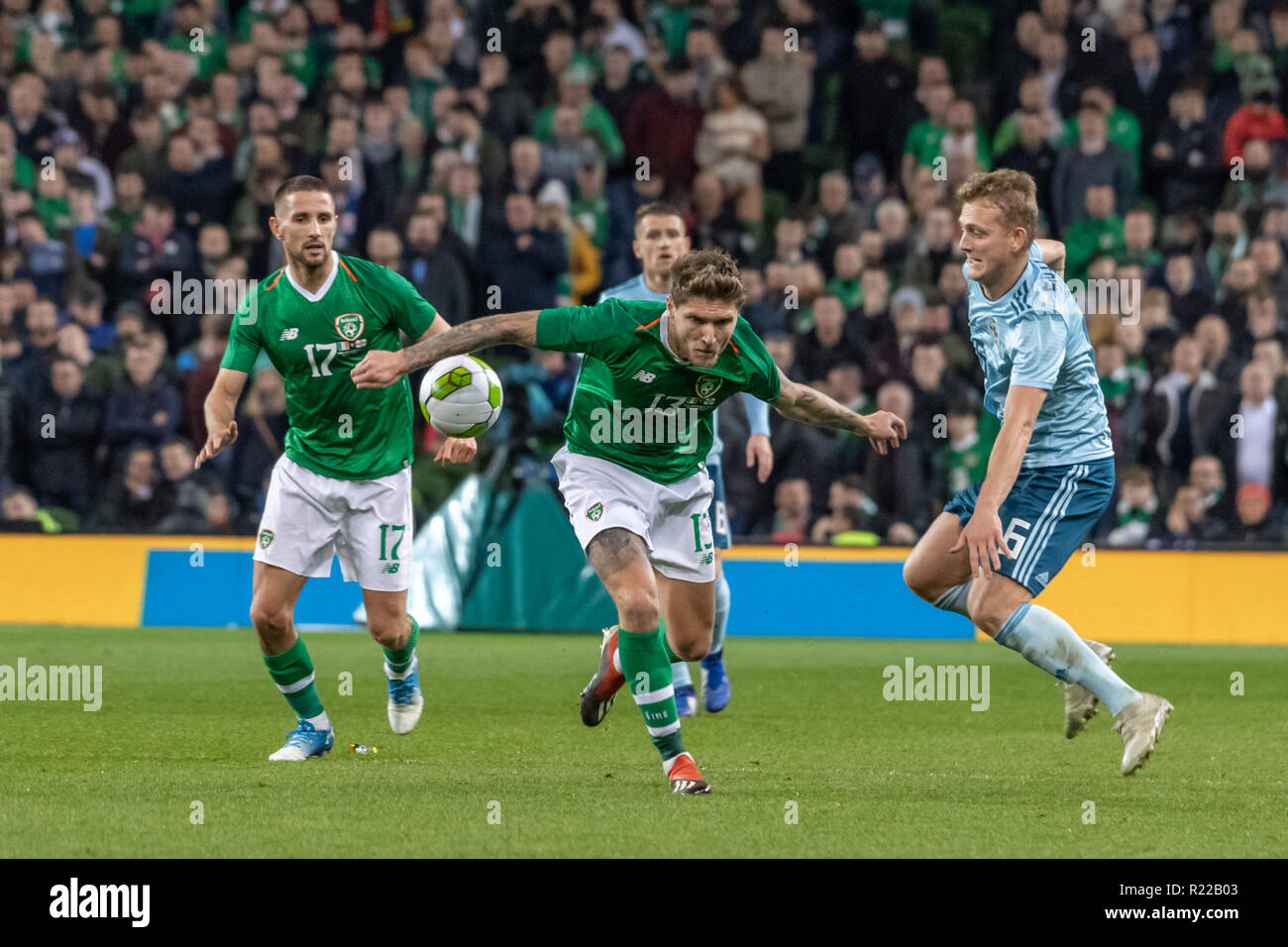 Dublin, Ireland. 15th Nov, 2018. George Saville and Jeff Hendrick in action during the friendly international between Rep of Ireland and Northern Ireland at the Aviva Stadium. Credit: Ben Ryan/SOPA Images/ZUMA Wire/Alamy Live News Stock Photo