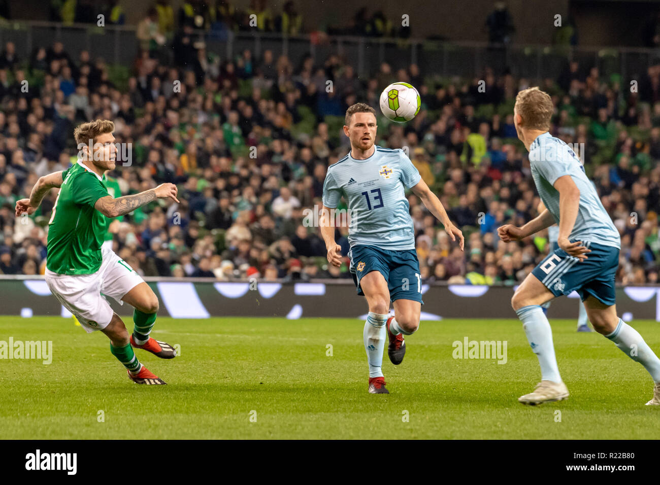 Dublin, Ireland. 15th Nov, 2018. Jeff Hendrick and Corry Evans in action during the friendly international between Rep of Ireland and Northern Ireland at the Aviva Stadium. Credit: Ben Ryan/SOPA Images/ZUMA Wire/Alamy Live News Stock Photo
