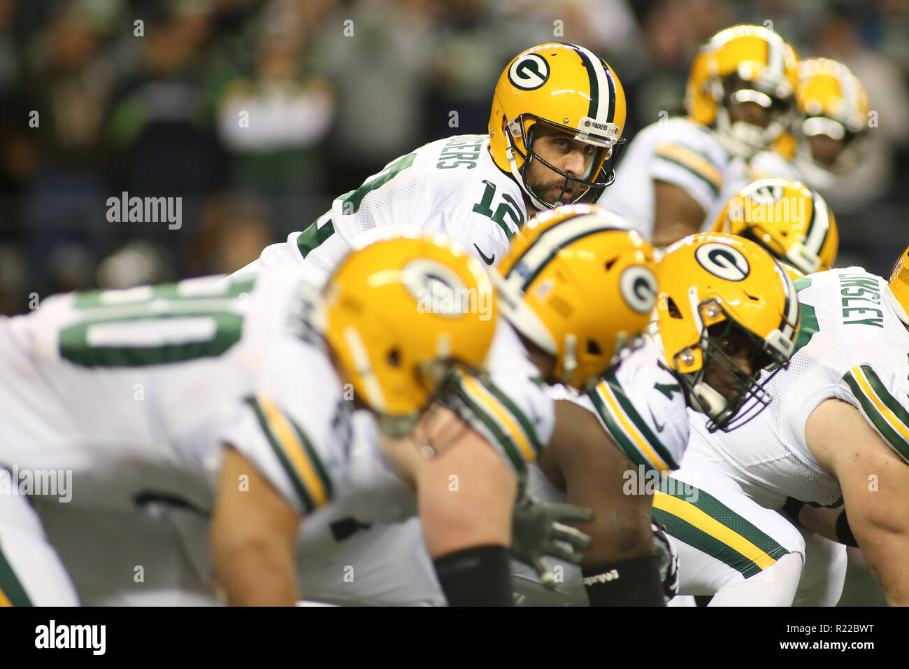 Seattle, WA, USA. 15th Nov, 2018. Green Bay Packers quarterback Aaron Rodgers (12) looks down the offensive line during a game between the Green Bay Packers and Seattle Seahawks at CenturyLink Field in Seattle, WA. Sean Brown/CSM/Alamy Live News Stock Photo