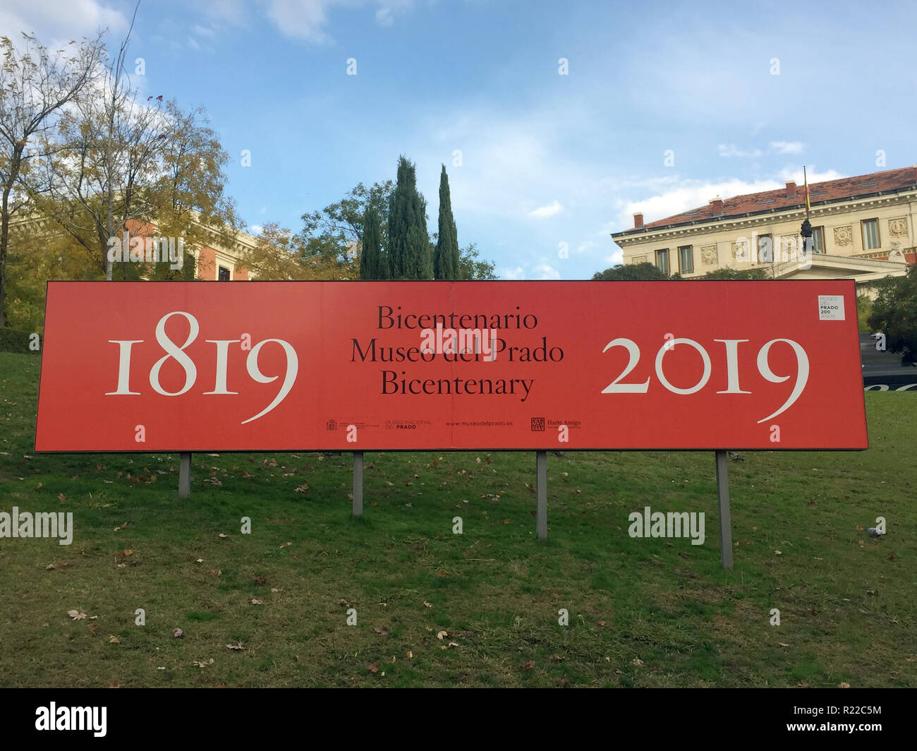 Madrid, Spain. 14th Nov, 2018. The Prado uses large posters to advertise the celebrations to mark the 200th anniversary. These begin on 19 November with the exhibition 'Museo del Prado 1819-2019 - A Place of Remembrance' and continue throughout 2019. Credit: Carola Frentzen/dpa/Alamy Live News Stock Photo