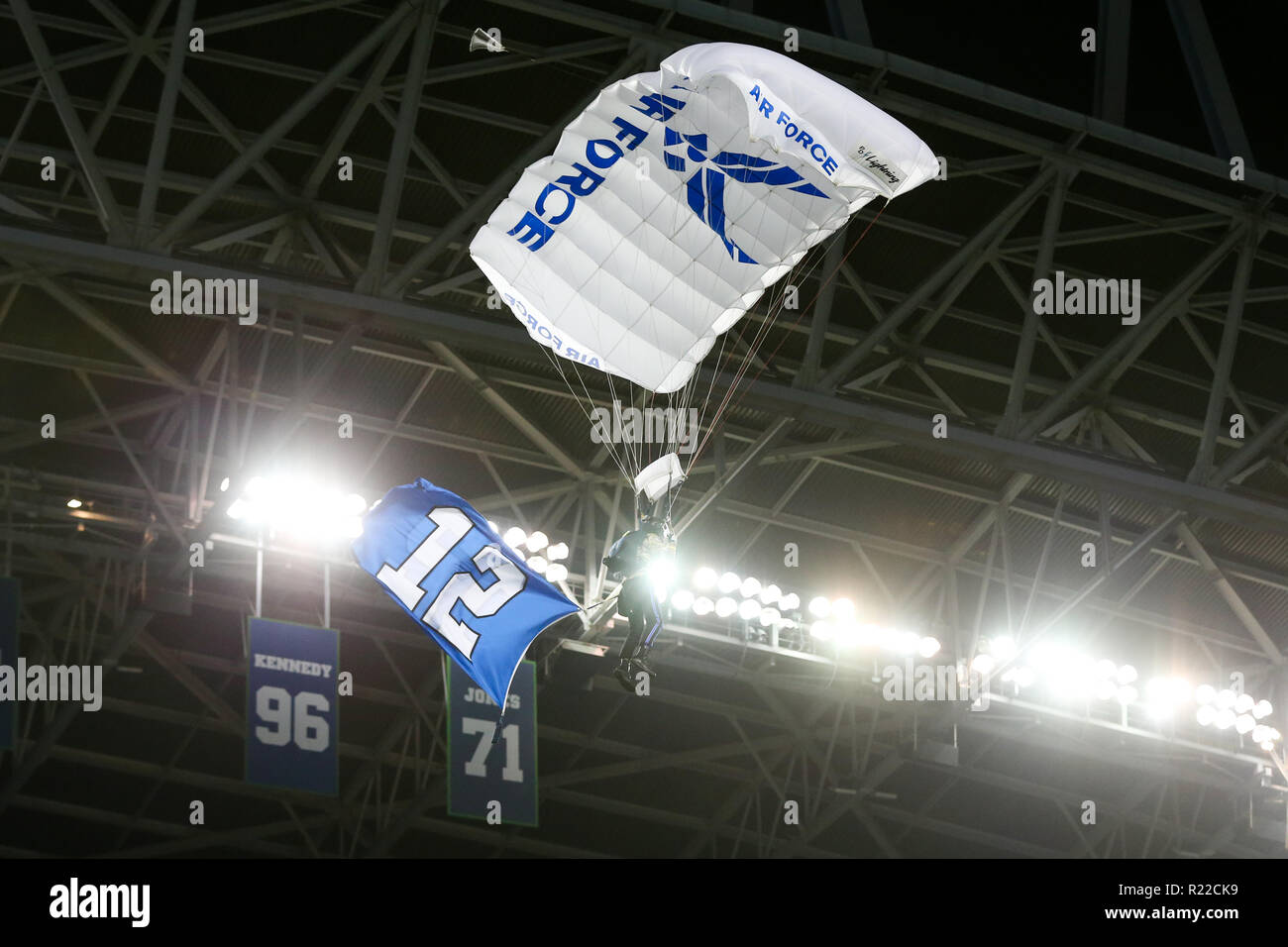 Seattle, WA, USA. 15th Nov, 2018. Members of the armed services parachute into CenturyLink Field before the start of an NFL game between the Green Bay and Seattle Seahawks at CenturyLink Field in Seattle, WA. Sean Brown/CSM/Alamy Live News Stock Photo