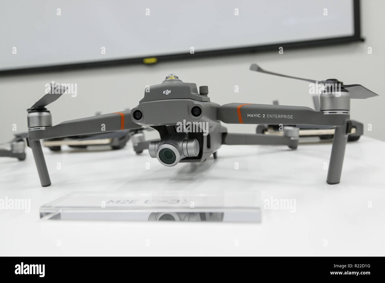 Tokyo, Japan. 15th Nov, 2018. A drone MAVIC 2 Enterprise with a M2E Beacon  on display during a media event at DJI Japan offices in Tokyo. DJI Japan  introduces accessories (M2E Speaker,
