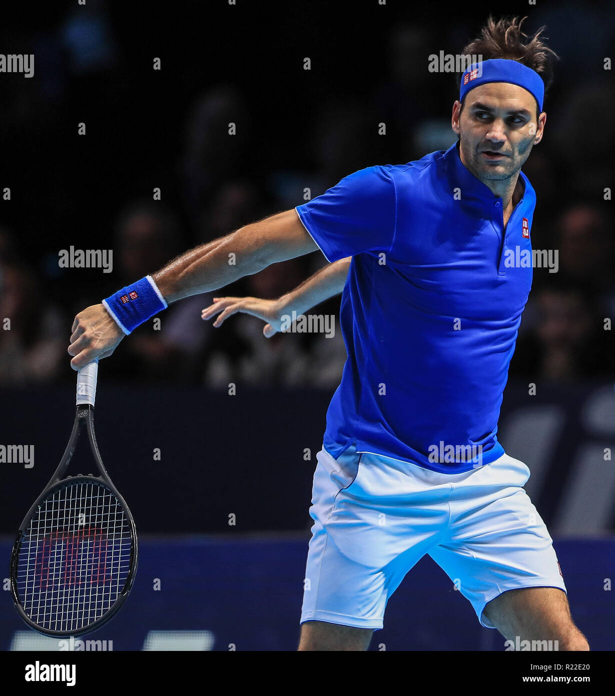 London, UK. 15th November 2018, The O2 , London, England; Nitto ATP World  Tour Finals; Roger Federer of Switzerland in action during their match  against Kevin Anderson of South African Credit: Romena