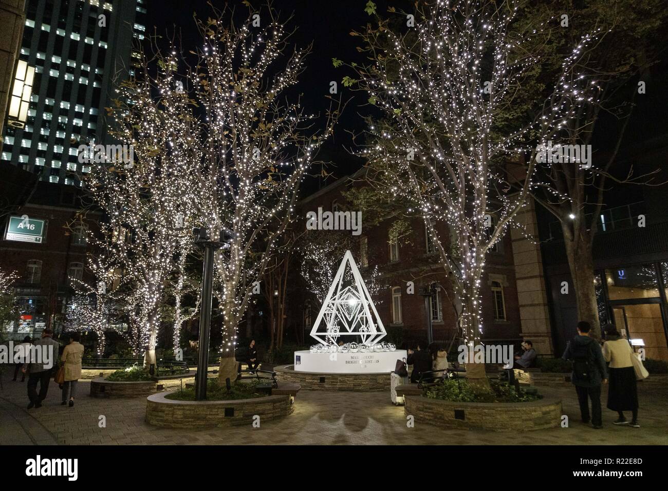 November 15, 2018 - Tokyo, Japan - LED lights illuminate the Marunouchi business district in Tokyo. This year, 1,000,000 champagne color lights are used to light up Yurakucho area and Marunouchi Nakadori Street which is one of the most popular illumination spots in Tokyo during Christmas season. The illumination is held until February 17, 2019. (Credit Image: © Rodrigo Reyes Marin/ZUMA Wire) Stock Photo