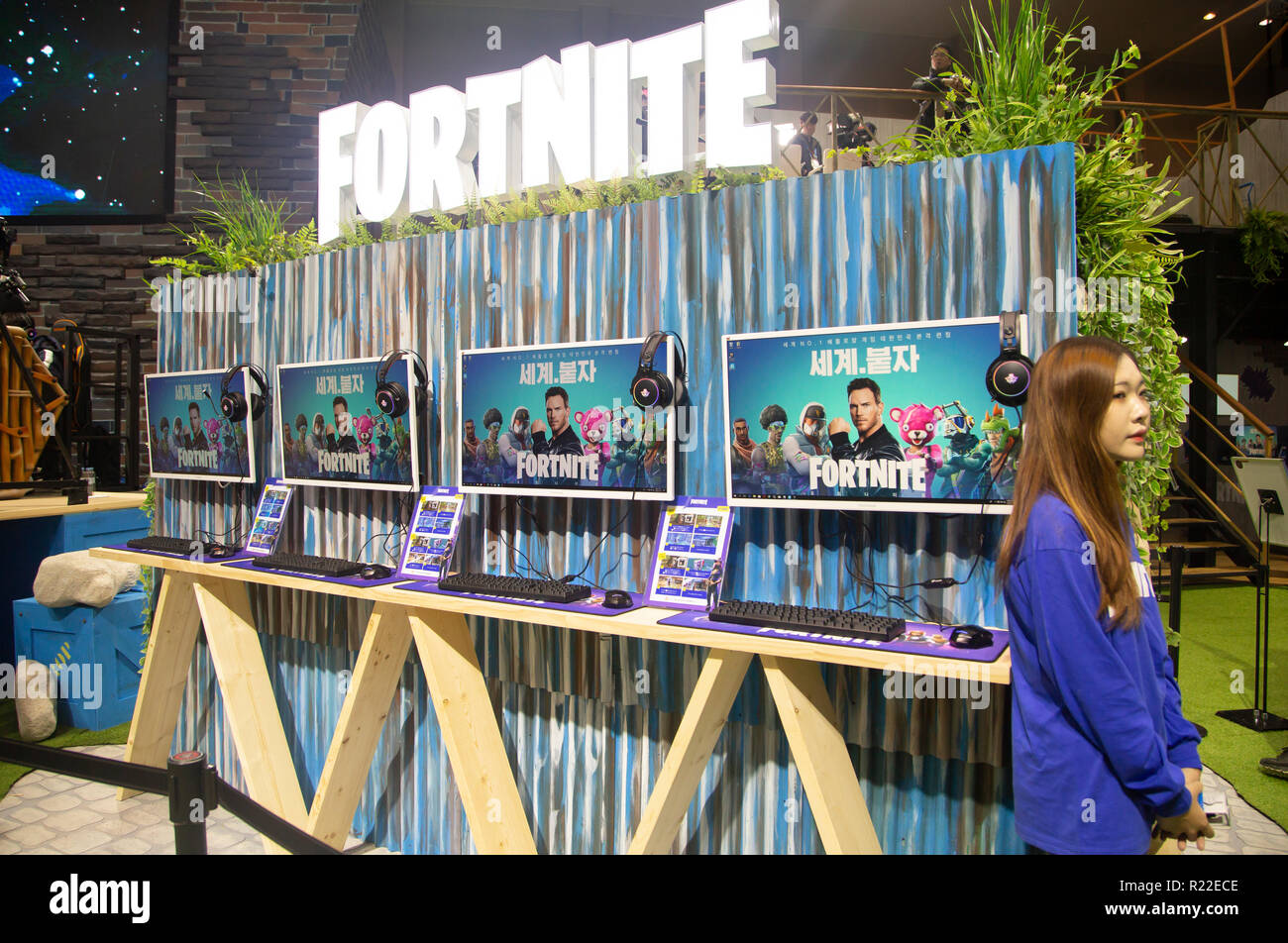 G-Star Global Game Exhibition, Nov 15, 2018 : Promotional booth of online  video game Fortnite at the G-Star Global Game Exhibition in Busan, about  420 km (261 miles) southeast of Seoul, South
