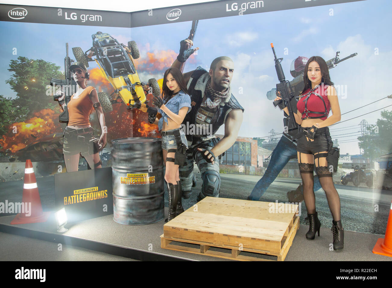 G-Star Global Game Exhibition, Nov 15, 2018 : Promotional models wearing  the costumes of online game, PlayerUnknown's Battlegrounds, pose at the  G-Star Global Game Exhibition in Busan, about 420 km (261 miles)