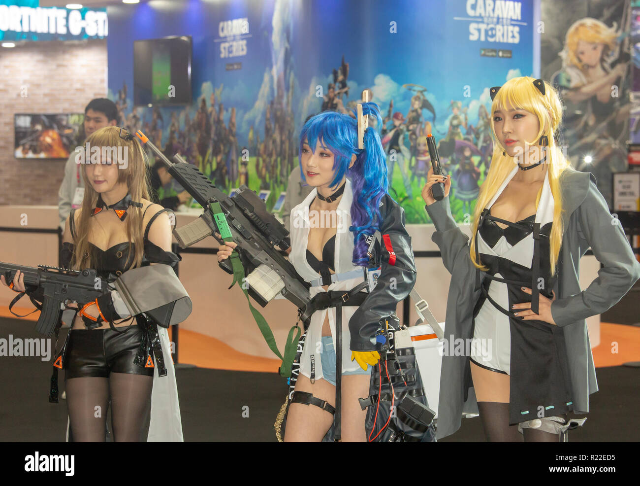 G-Star Global Game Exhibition, Nov 15, 2018 : Promotional models wearing  the costumes of online games pose at the G-Star Global Game Exhibition in  Busan, about 420 km (261 miles) southeast of