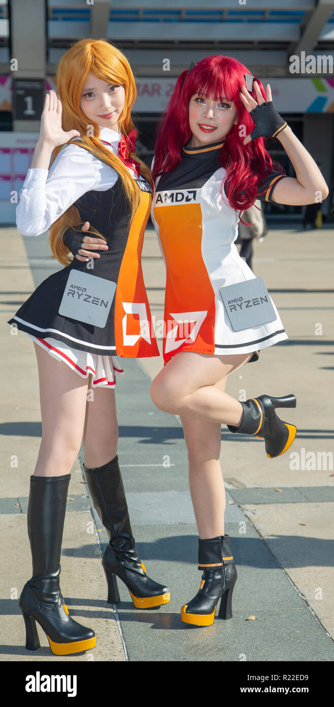 G-Star Global Game Exhibition, Nov 15, 2018 : Members of a costume play team,  TTcle, who promote a semiconductor company Advanced Micro Devices (AMD),  pose at the G-Star Global Game Exhibition in