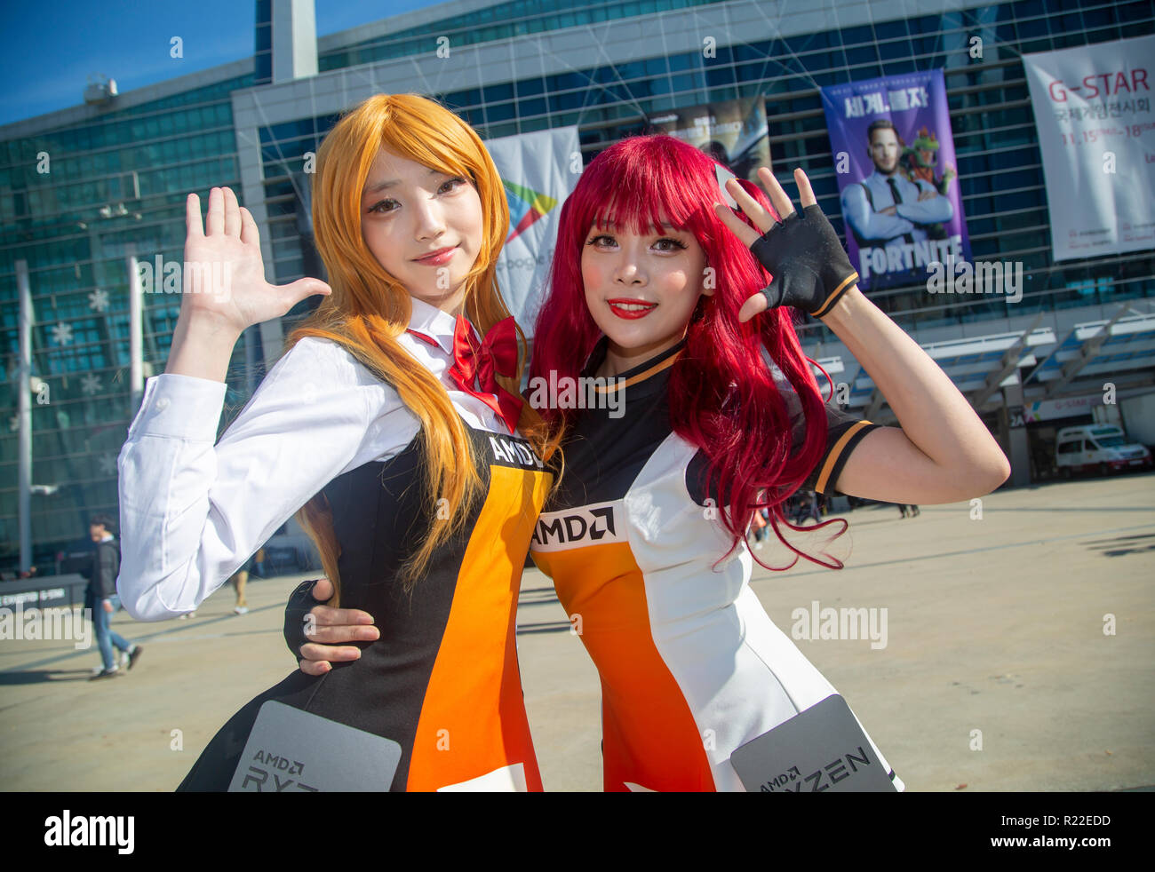 G-Star Global Game Exhibition, Nov 15, 2018 : Members of a costume play  team, TTcle, who promote a semiconductor company Advanced Micro Devices  (AMD), pose at the G-Star Global Game Exhibition in