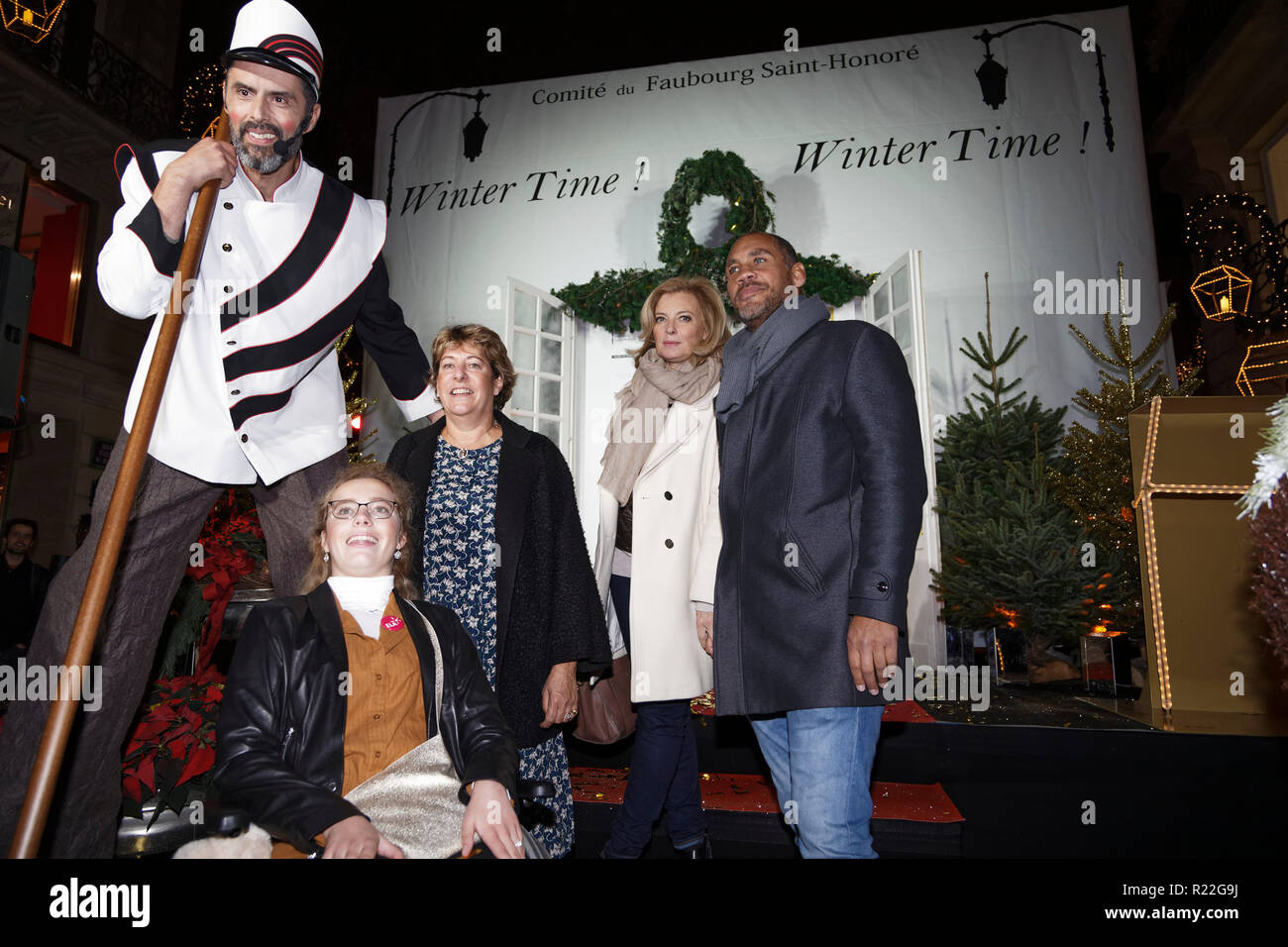 Paris, France. 15th Nov, 2018. Solenne, Valérie Trierweiler and Romain Magellan attend the evening 'Winter Time 2018' for the launch of the Comité du Faubourg Saint-Honoré raffle for the benefit of the European association against leukodystrophies (ELA), and inauguration of Christmas Lights of Faubourg St Honoré on November 15, 2018 in Paris, France. Credit: Bernard Menigault/Alamy Live News Stock Photo