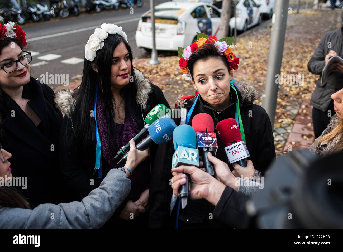 Madrid, Spain. 16th Nov, 2018. Femen activist speaking to the press ahead of the beginning of a trial where two Femen activists are charged with religious offense. The action took place inside the cathedral of La Almudena during a protest in favor of abortion. The Association of Christian Lawyers demand 2 years of prison for the activists, in Madrid, Spain. Credit Marcos del Mazo/Alamy Live News Stock Photo