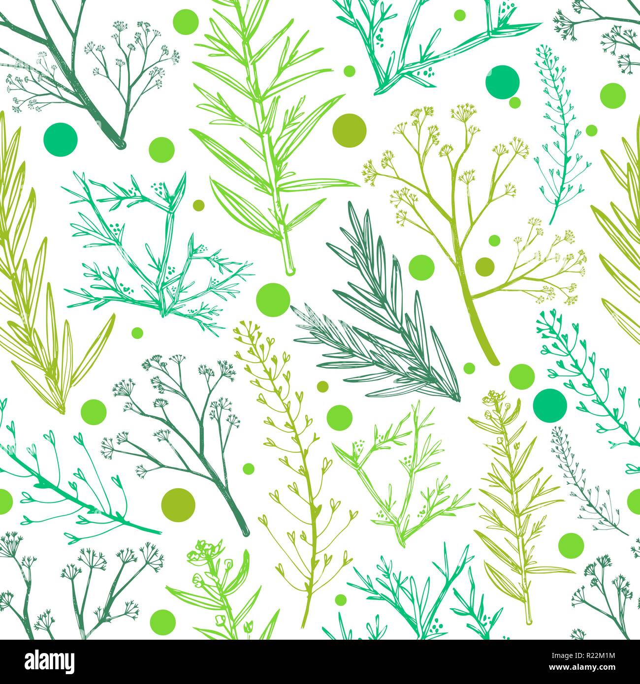 Green herbal seamless pattern. Healing field herb plants seamless background. Stock Vector