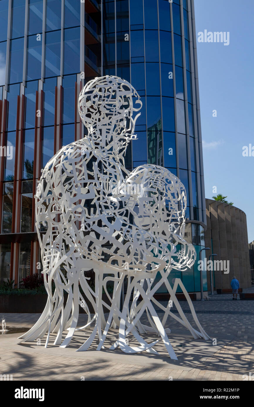 'Pacific Soul' by Jaume Plensa, on the corner of Pacific Highway and Broadway in San Diego, California, United States. Stock Photo