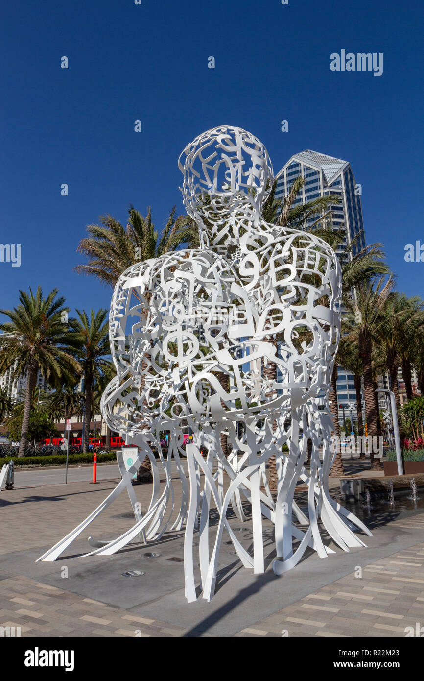 'Pacific Soul' by Jaume Plensa, on the corner of Pacific Highway and Broadway in San Diego, California, United States. Stock Photo