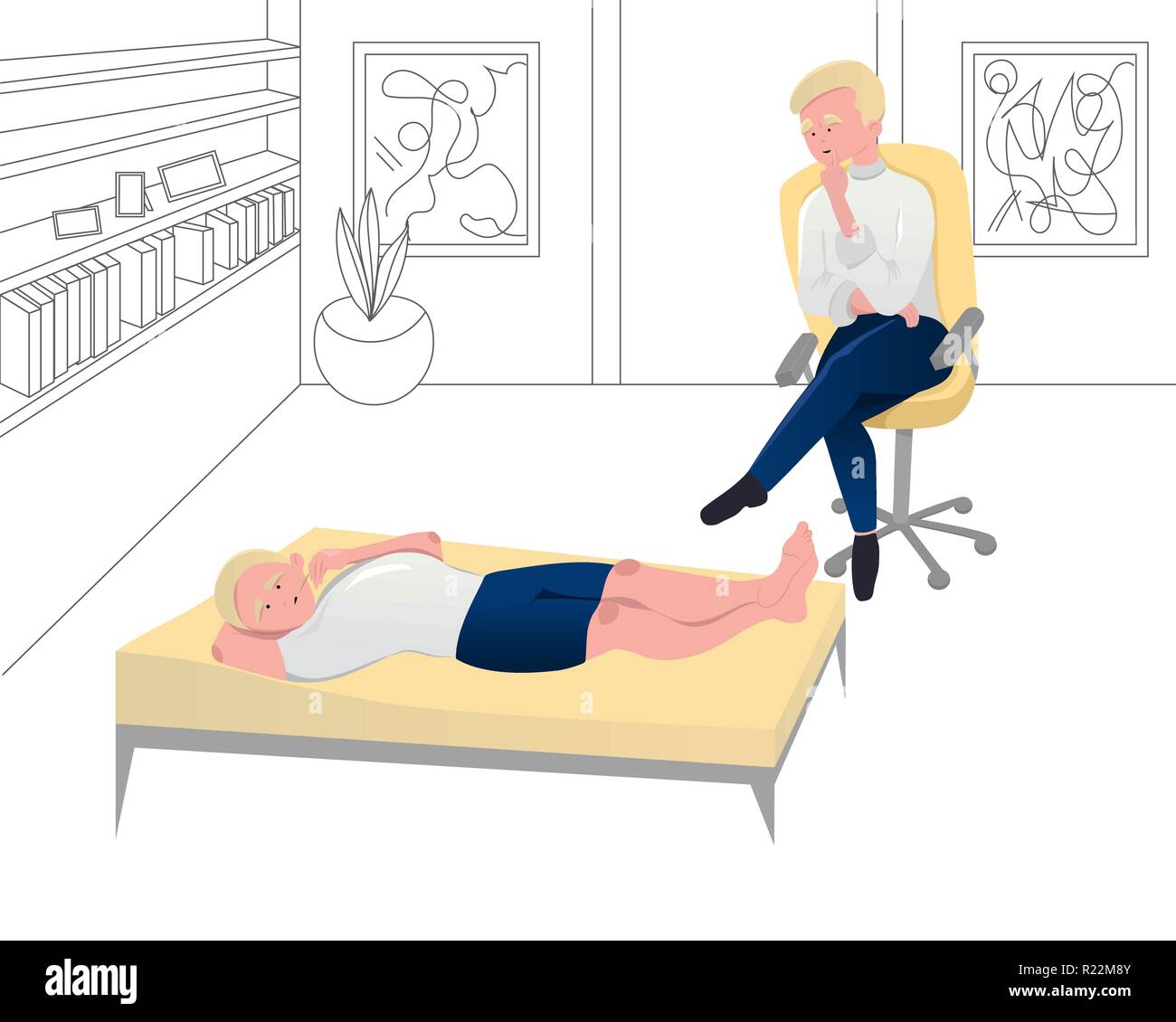 Psychotherapy session vector illustration. Shrink listens to patient. Patient lying on couch talking. Stock Vector