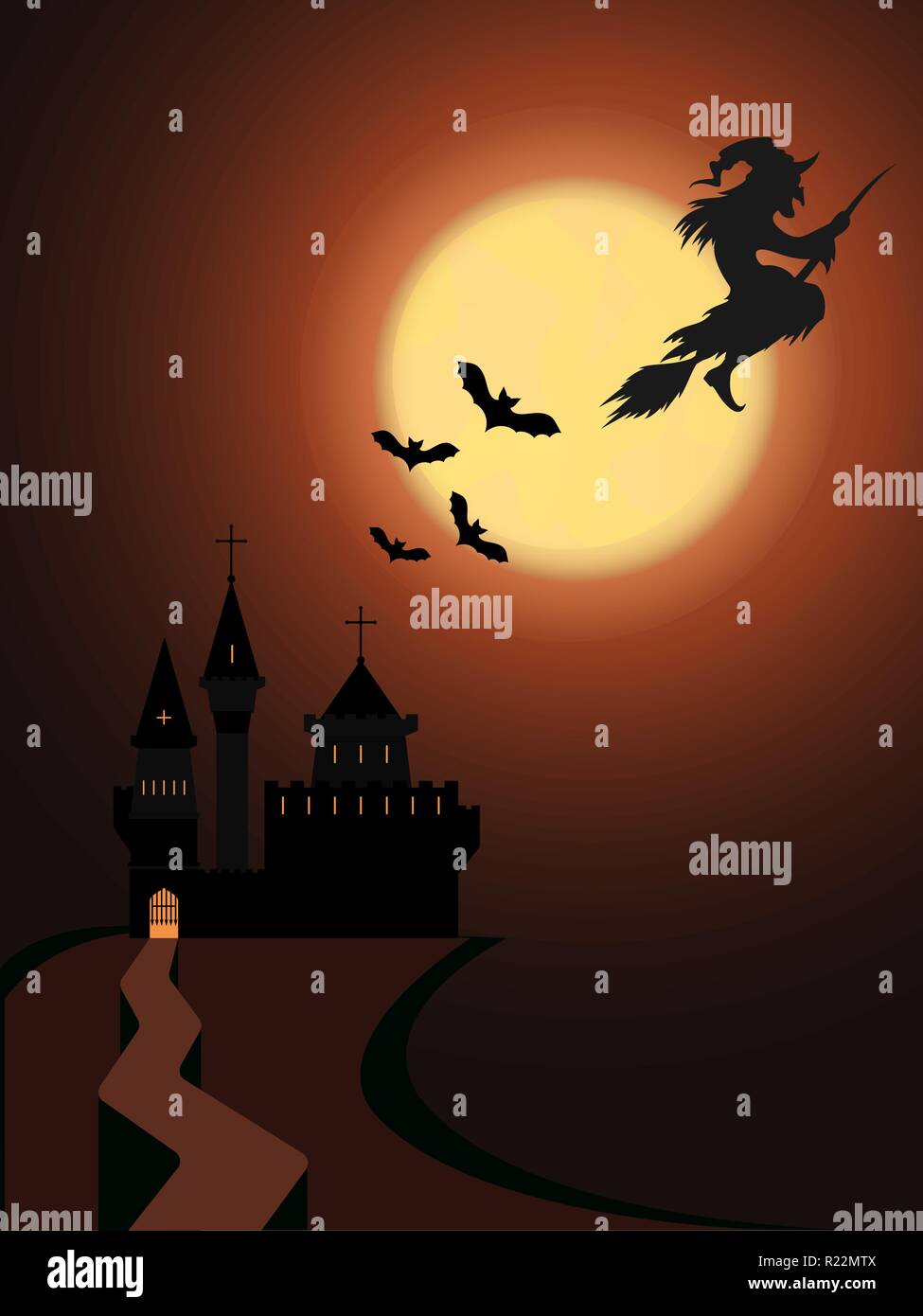 Cartoon Halloween illustration , witch on a broomstick with bats and moon,  scary castle cute Halloween party invent poster decoration blue sky Stock  Vector Image & Art - Alamy