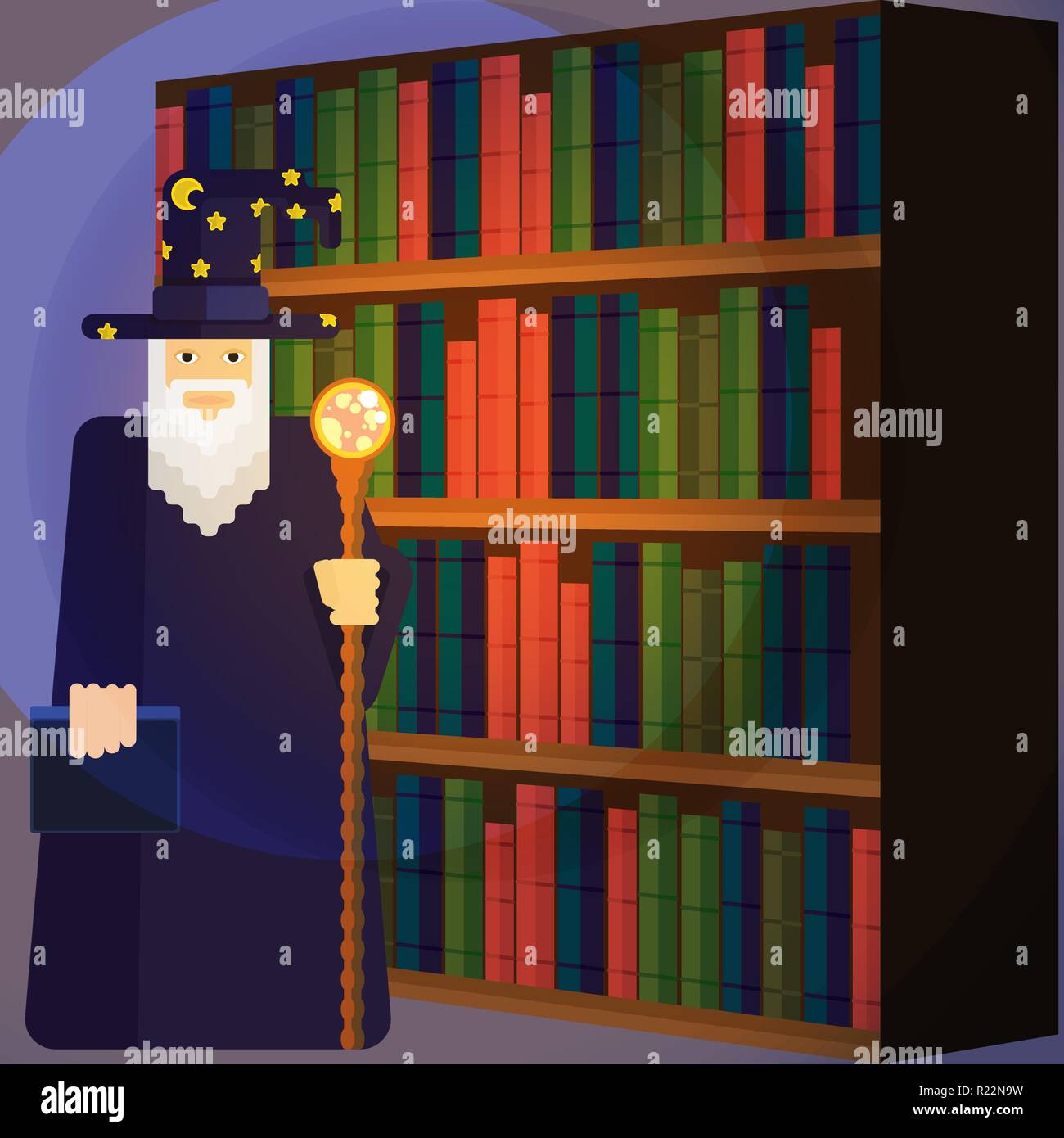 Pixel wise mage with  staff in library . Cool and funny cartoon charachter for games and books. Wizard for print and web Stock Vector
