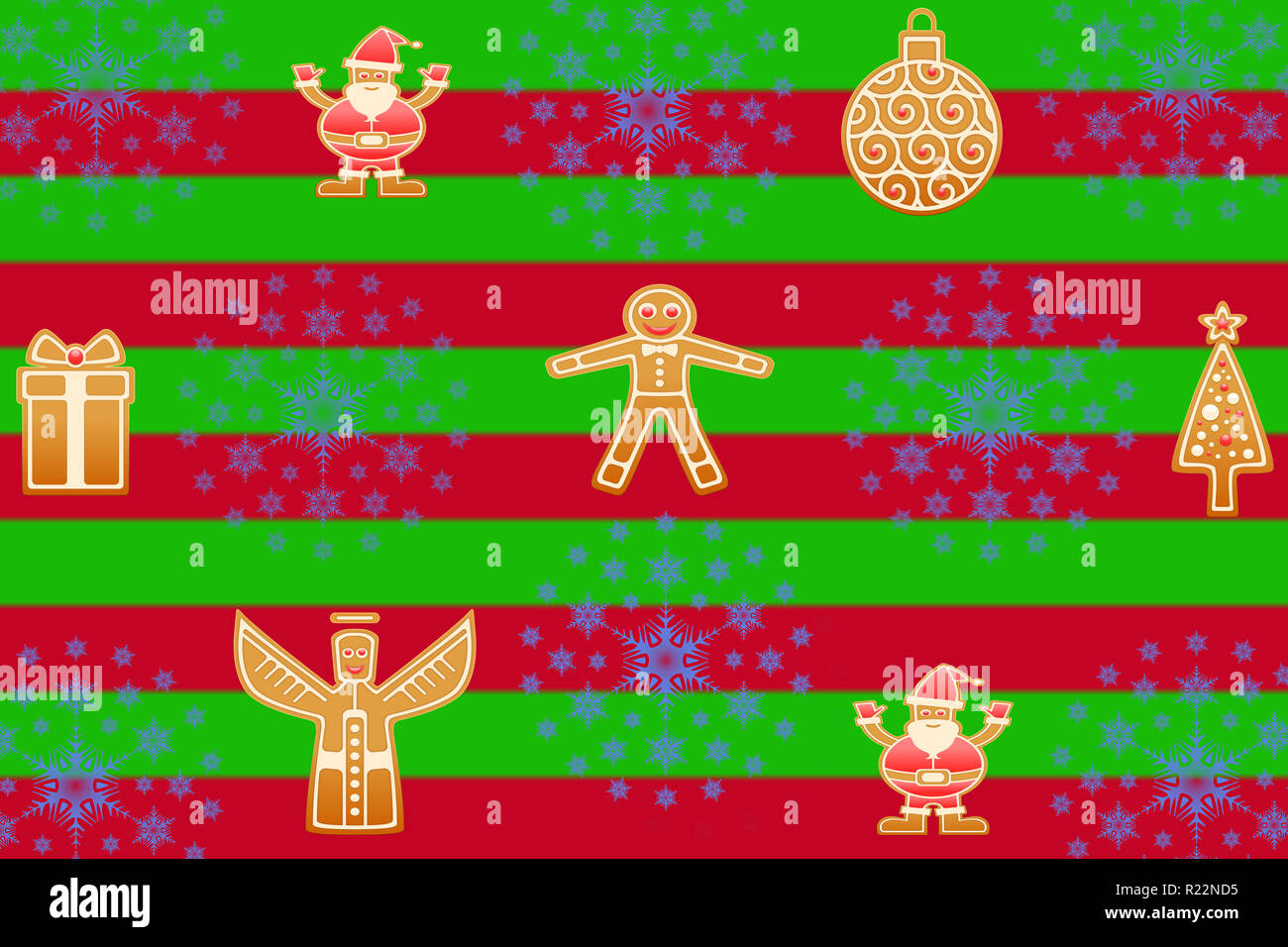 Christmas red and green striped background with gingerbread cookies in