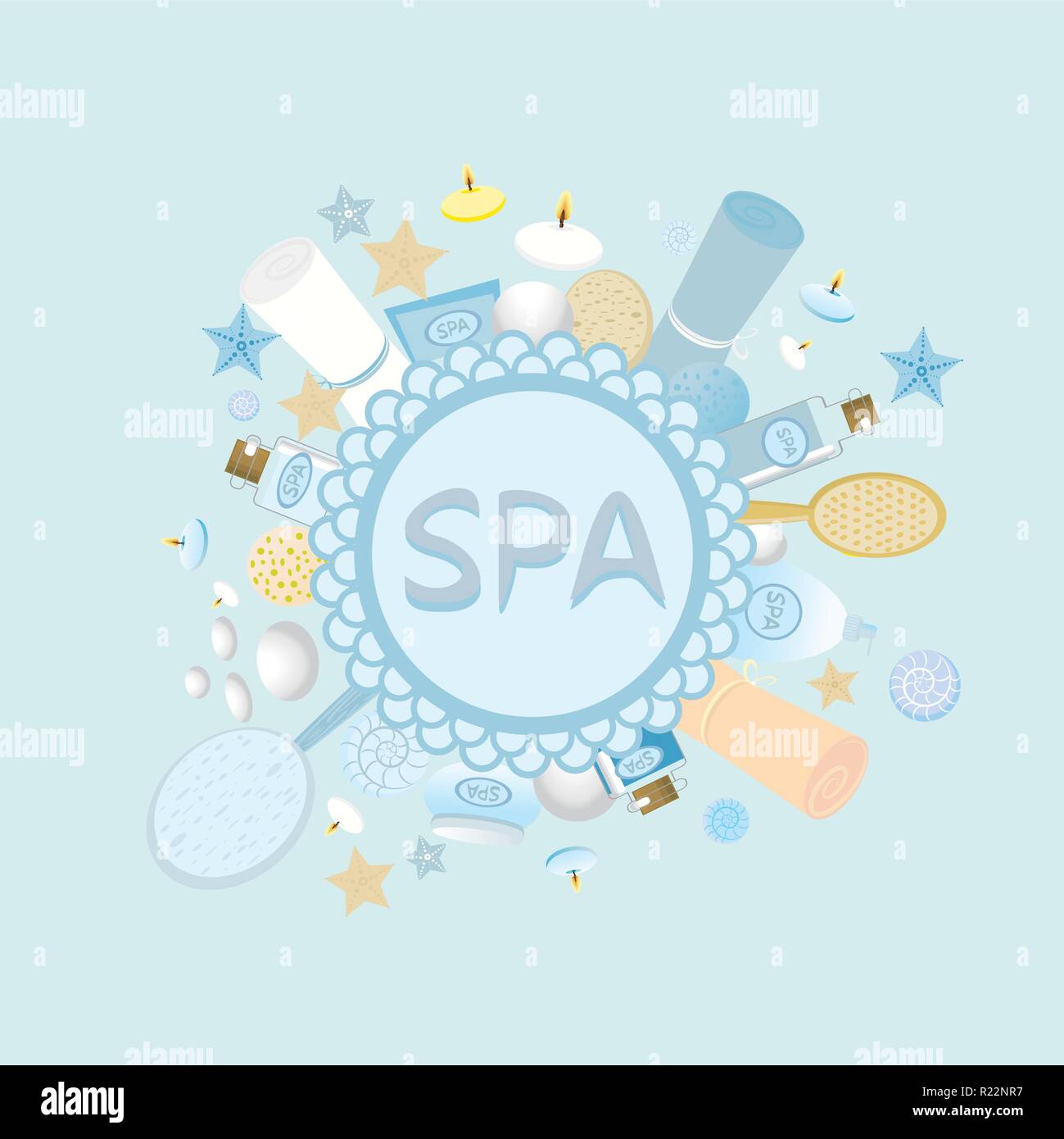 Concept for spa salon .Spa / bath supplies blue background.Vector set