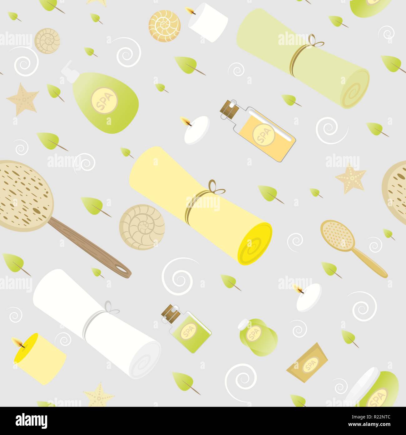 Spa cartoon pattern , green yellow grey background seamless. Stock Vector