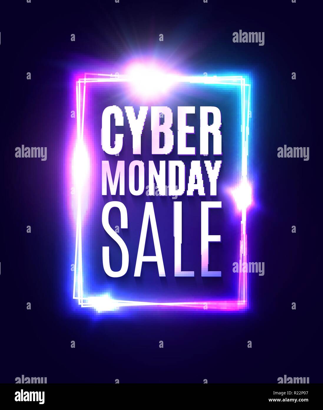 Cyber Monday sale text in neon laser rectangle background. Shining square sign on dark blue backdrop with explosion firework. Banner or flyer design template. Light vector illustration. Stock Vector