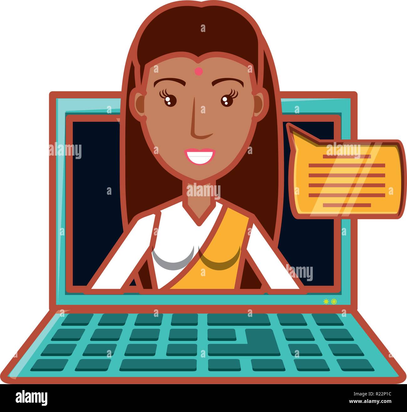 woman indian with laptop and speech bubble vector illustration design Stock Vector