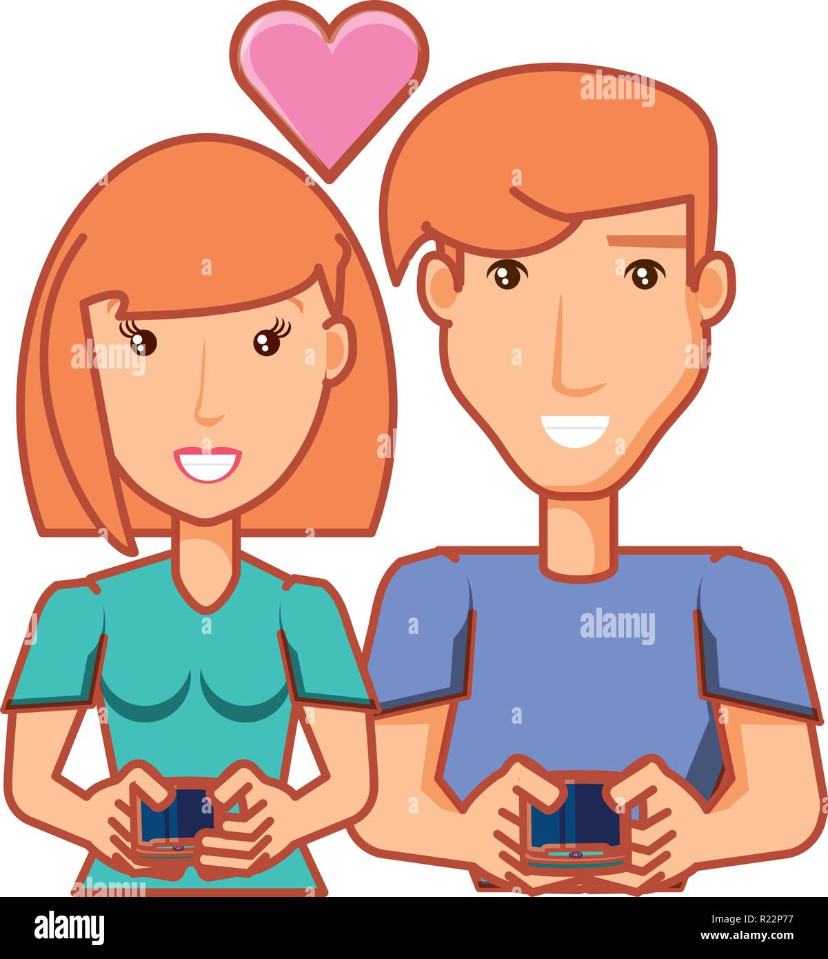young couple with smartphones devices vector illustration design Stock Vector