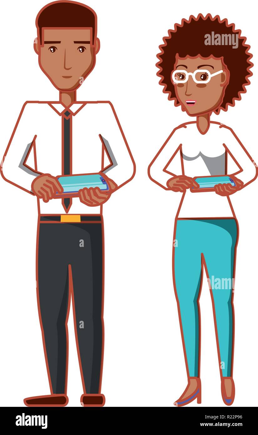 young couple with smartphones devices vector illustration design Stock ...