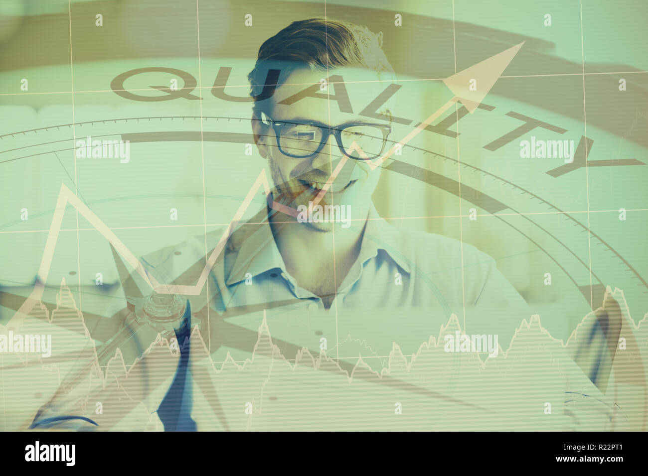 Composite image of quality text with graphs and navigational compass Stock Photo