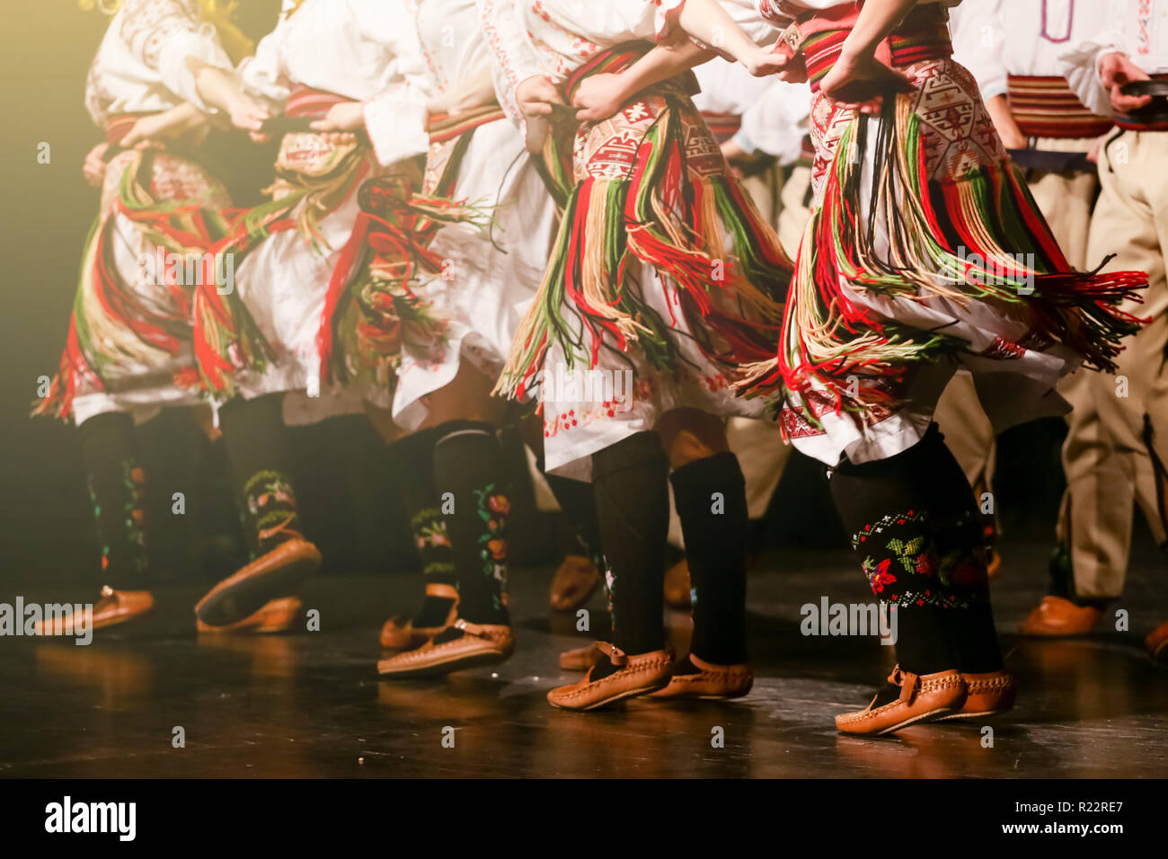 Young Serbian dancers in traditional costume. Folklore of Serbia Stock